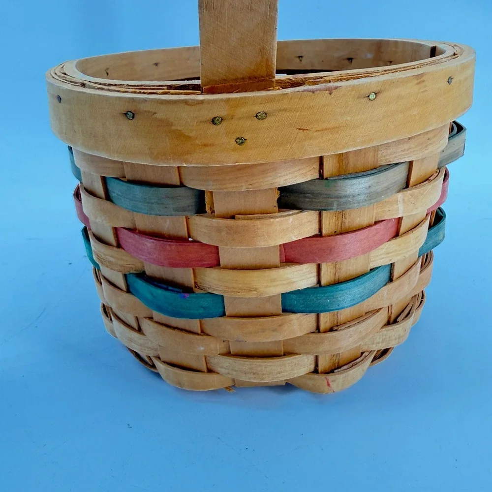 Vintage Woven Wood‎ Basket Small Tan Green Red Farmhouse Decor Handle Easter